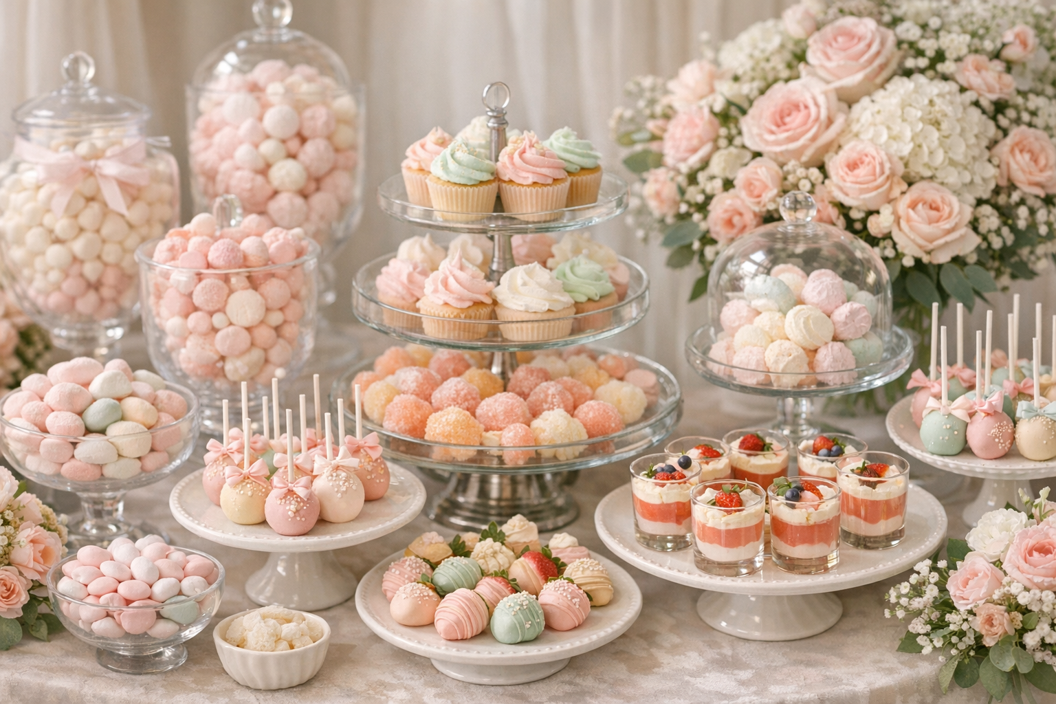 Kolorowy candy bar z makaronikami i deserami