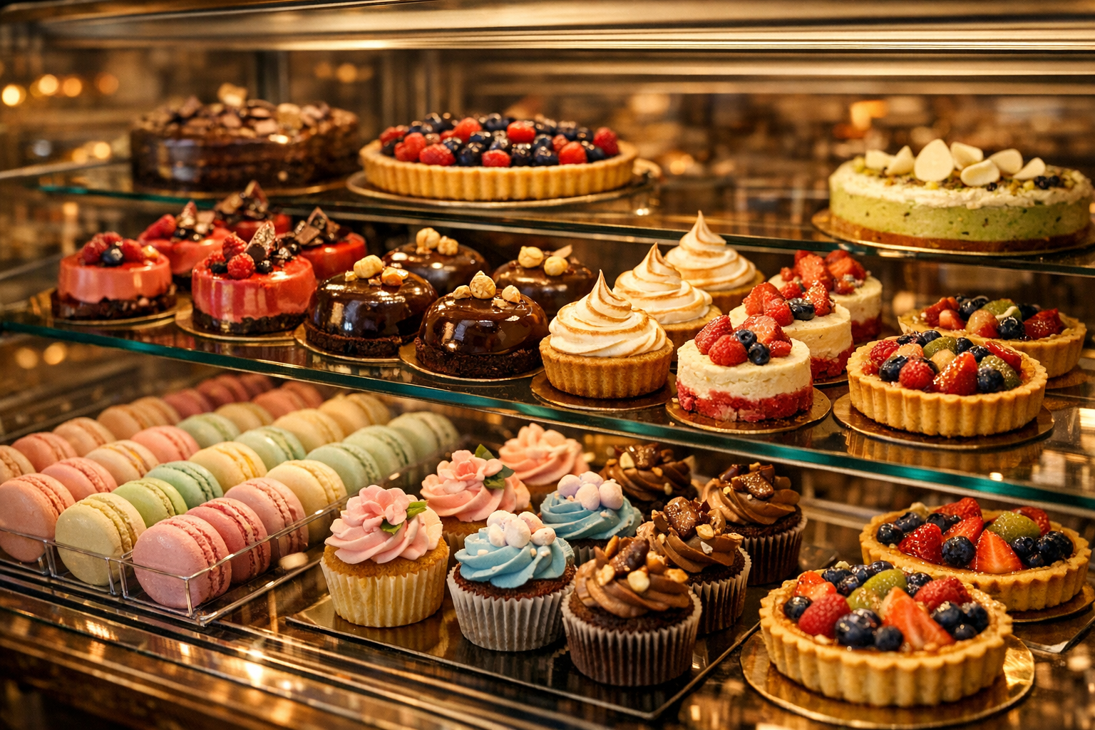 Kolorowe ciastka i słodkości w szklanej gablocie